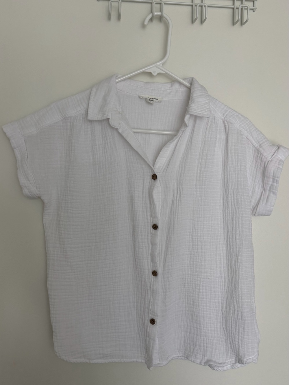 White Short-Sleeve Button-Front Cotton Shirt